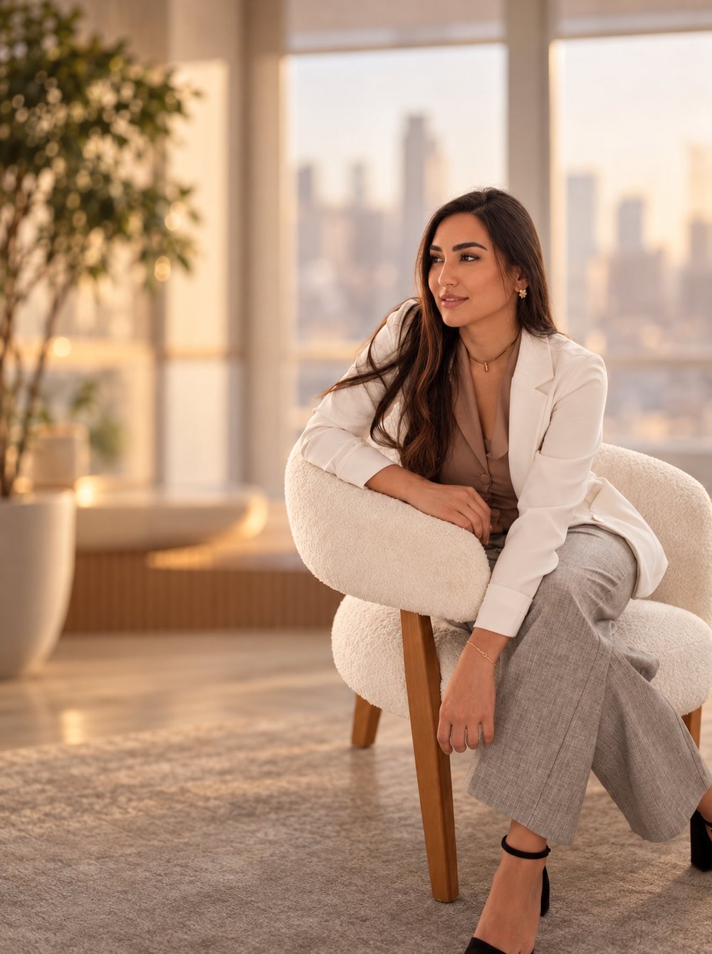 Dra. Bianca Collere de blazer claro, sentada em uma poltrona
