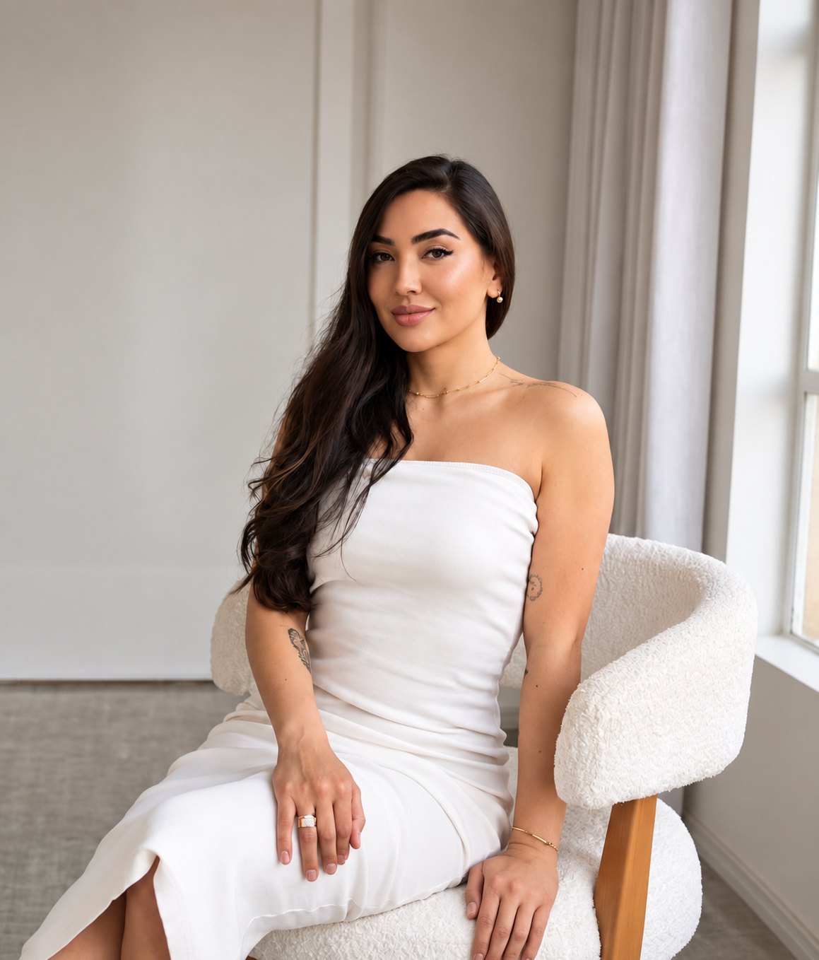 Dra. Bianca Takaki Collere sentada em uma poltrona clara, vestido branco