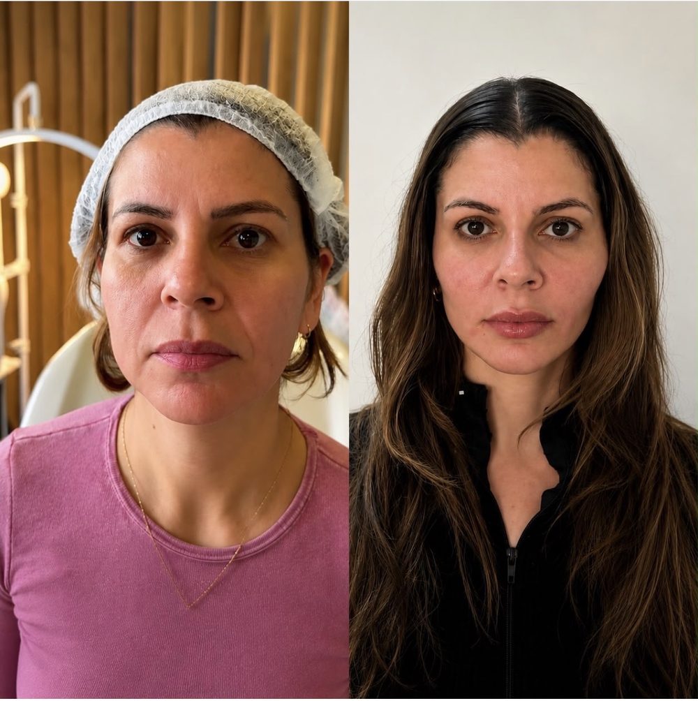 Antes e depois de harmonização facial, vista frontal