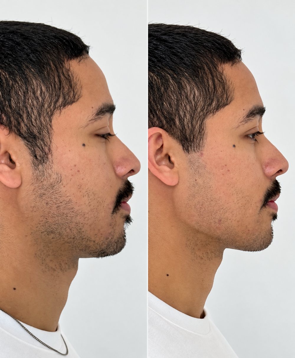 Antes e depois do contorno de mandíbula masculino